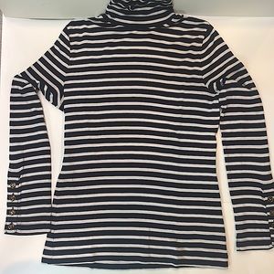 Tory Burch Lind sleeve mock neck top nautical blue/white stripe logo buttons